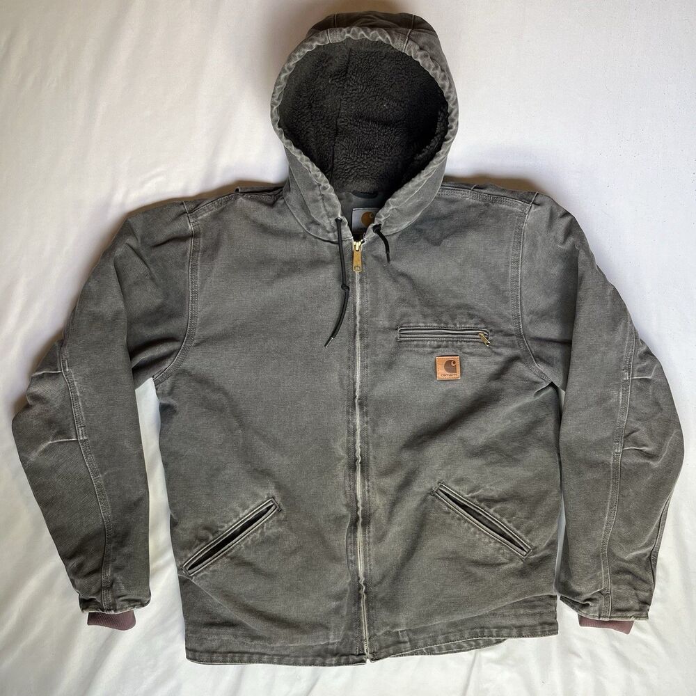 Carhartt Jacket Mens M Gray Duck Canvas Sherpa Lined Hooded Coat Work J141-GVL